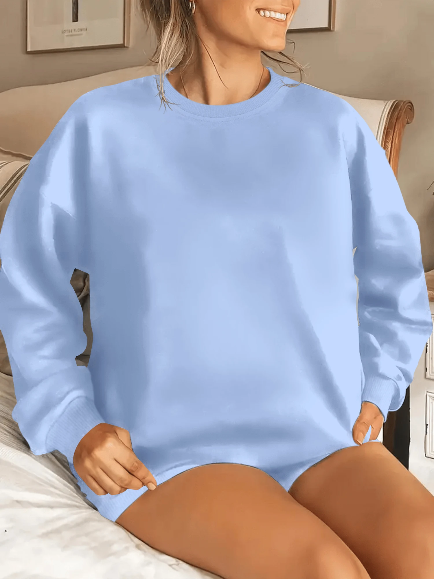 Vacation Friendly Loose Plain Pullover, Soft Long Sleeve Sweater for Resort Stays & Lakeside Leisure Walks
