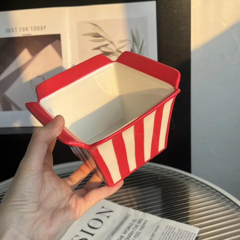 وعاء الوجبات الخفيفة الإبداعية الأحمر مخطط الفشار البطاطس المقلية وجبة خفيفة وعاء الفاكهة المنزلية طبق للسلطة وعاء سيراميك عالي القيمة