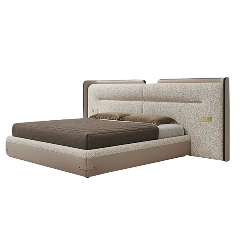 Modern light luxury widescreen bed, large flat-floor villa granular velvet saddle leather bed