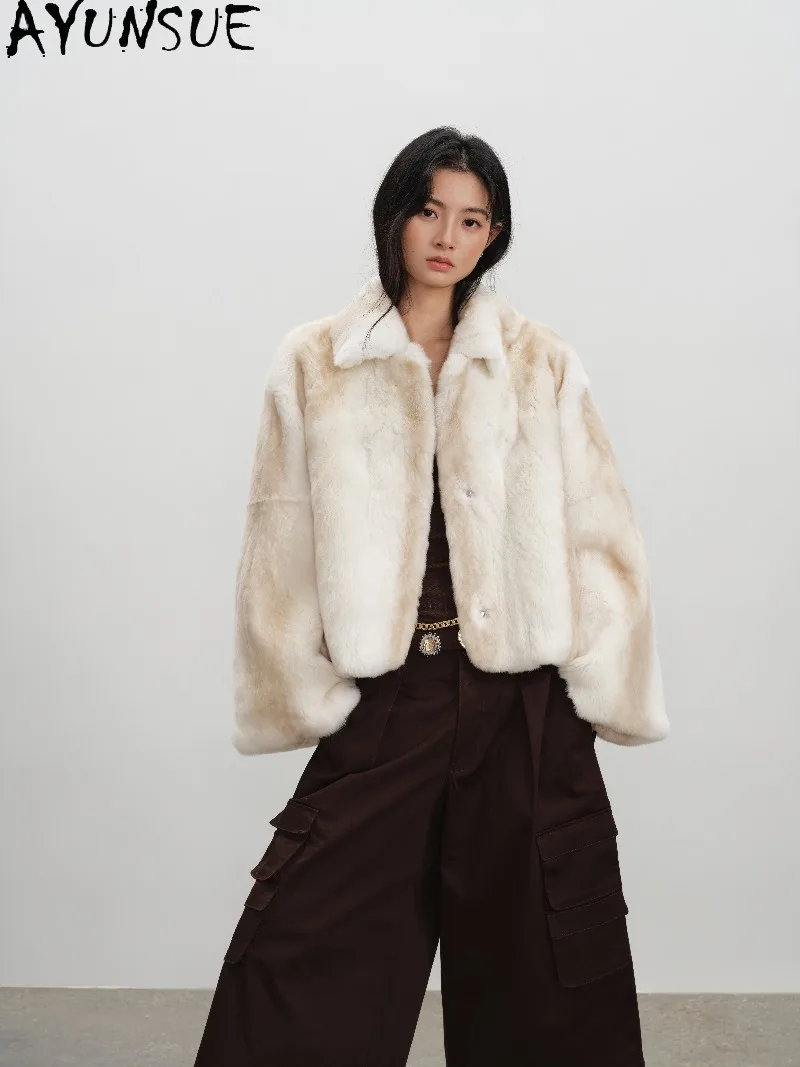 AYUSNUE Ladies Rex Rabbit Fur Coat Small Lapel Fur Jacket Female Winter Clothes Loose Fit Short Length Шуба Натуральный Мех