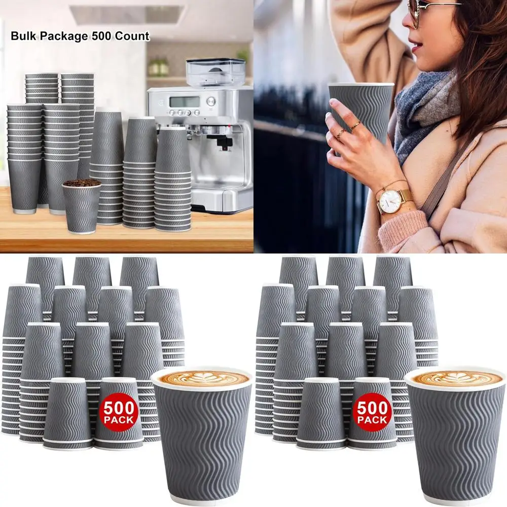

500 Pack 12 oz Disposable Insulated Paper Cups for Hot Drinks, Ripple Wall Design, Grey