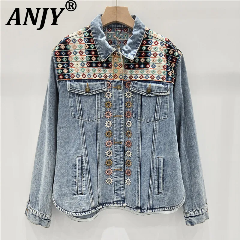 

ANJY Autumn New Women Vintage Denim Jacket Trendy Heavy Craft Embroidery Turn-down Collar Multi-picket Streetwear Y2K Coat A8896