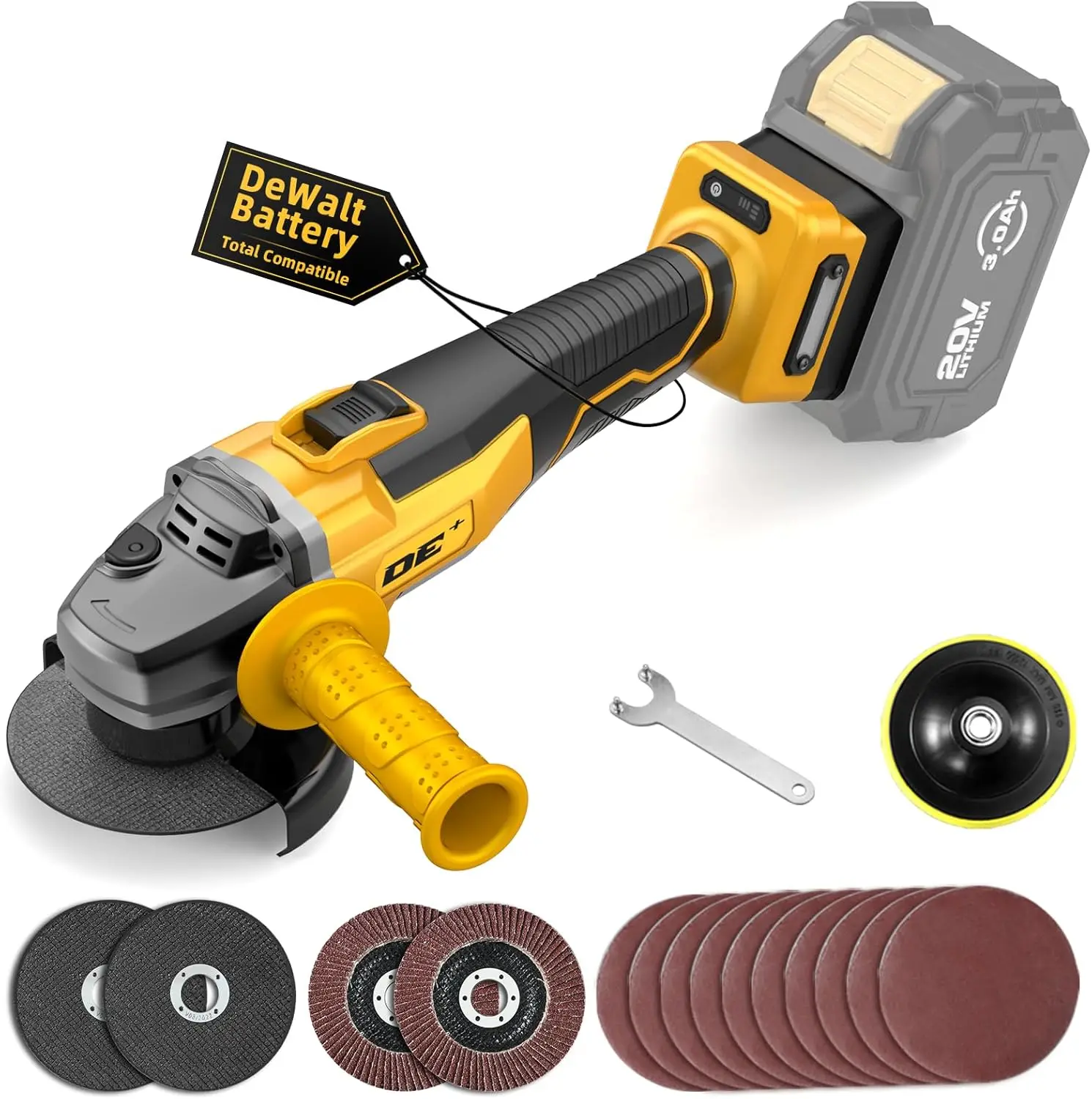 

Бесщеточная аккумуляторная угловая шлифмашина, 4-1/2 дюйма, с дополнительной рукояткой, 10 наждачных листов, 2 отрезных и 2 шлифовальных диска