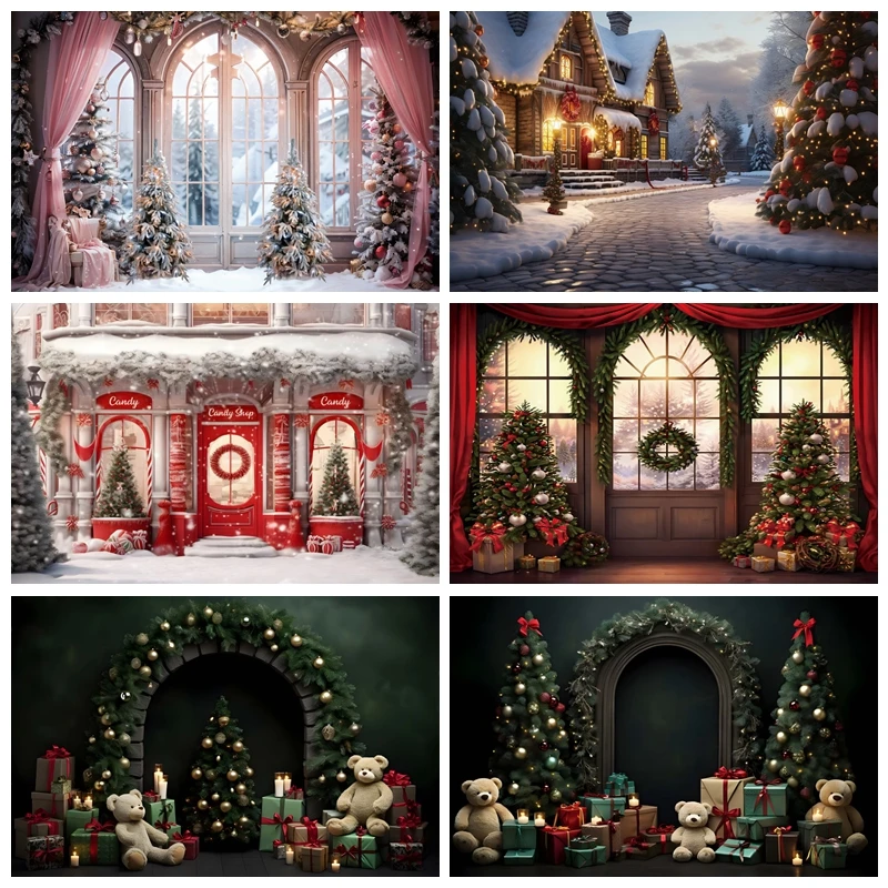 AI Christmas Backdrops For Photography 2023 Xmas Windoe Snow Scene Gift Baby Shower Family Party Background Studio Shoots Props