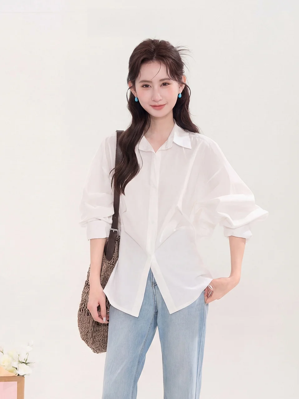 

Slimming Pleated Commute Style Women's Shirt Floral Window Heme Minimalist Life Versatile Waist-Cinching Long Sleeve Spring Top