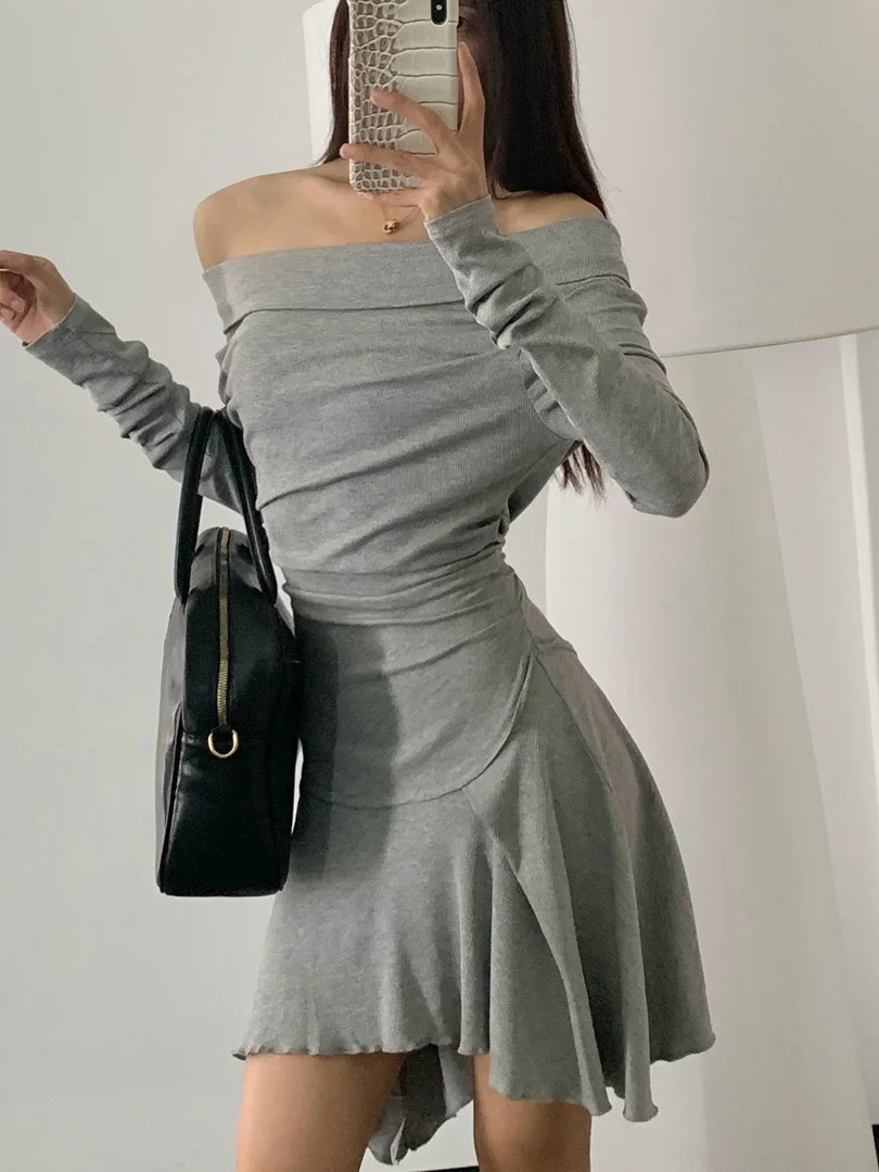 Autumn 2024 Early Design Sense Slash Neck Off Shoulder Long Sleeve Dress Women Cinching Waist Solid Slim Short Dress XGUJ