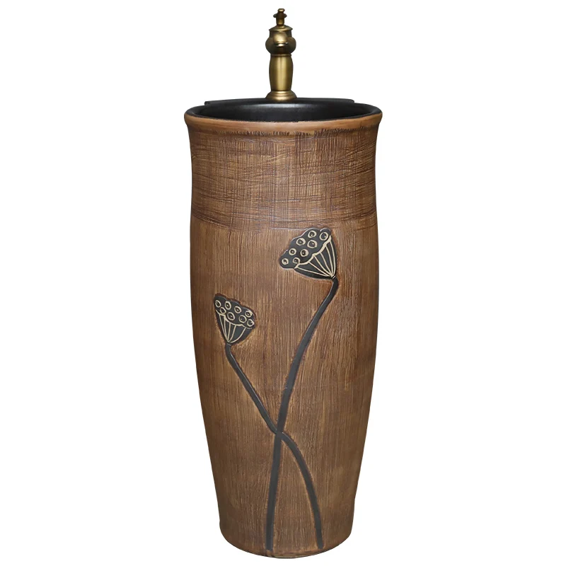 Carved ceramic pillar style washbasin balcony, floor standing washbasin integrated courtyard
