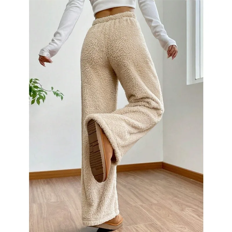 1pcs Womens Winter Autumn Solid Color Casual Pants Loose Comfy Warm Plush Lounge Pants Homewear