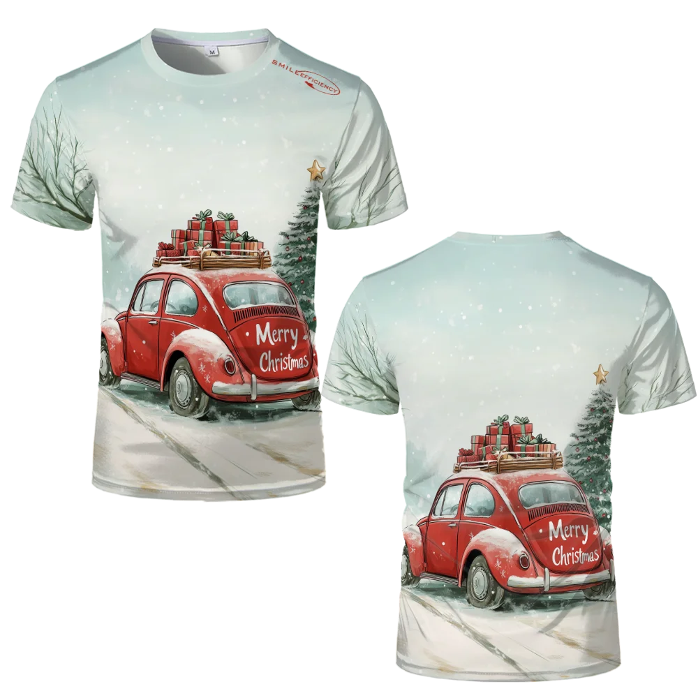 Christmas Snow Car Pattern 3D Printed T-shirt 100% Polyester Men's And Women's Loose Casual Short-sleeved Shirt Streetwear