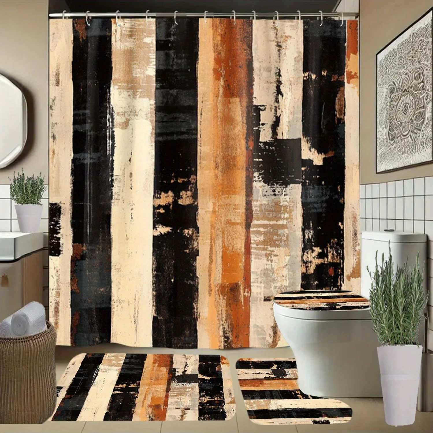 

4 шт. абстрактная полосатая занавеска для душа с цветными блоками и крючками, занавески для перегородки ванной комнаты, аксессуары для ванной комнаты