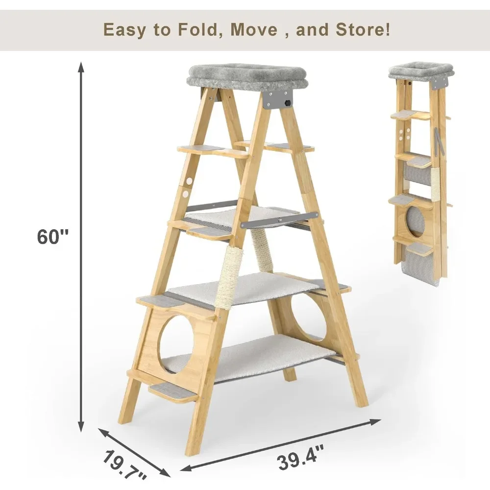Imagem -02 - Árvore de Madeira Moderna do Gato Projeto Dobrável da Escada com Gatos Hammock e Sisal Scratch Post Torre Sólida do Gato Grande Torre do Gato 60 h