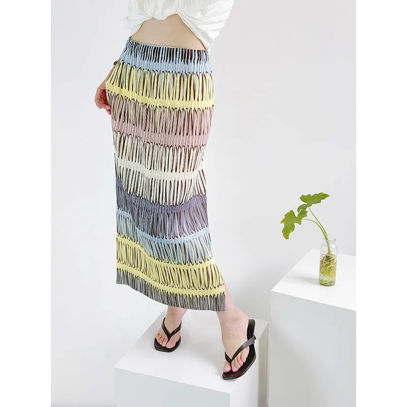 Pleated Women's Summer New Miyake Printed Half Skirt Casual Peplum Back Split Mid-Length Skirt Simple Korean Vacation Clothing