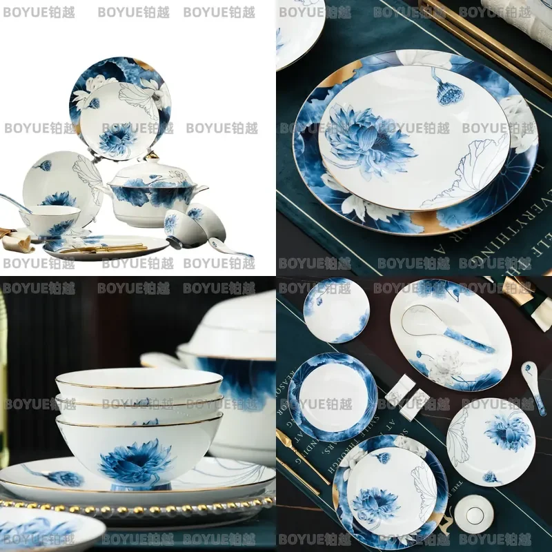 Jingdezhen Ceramic Tableware Set Gold Rimmed Bowls and Plates Elegant Porcelain Dinnerware for Home Dining Gift