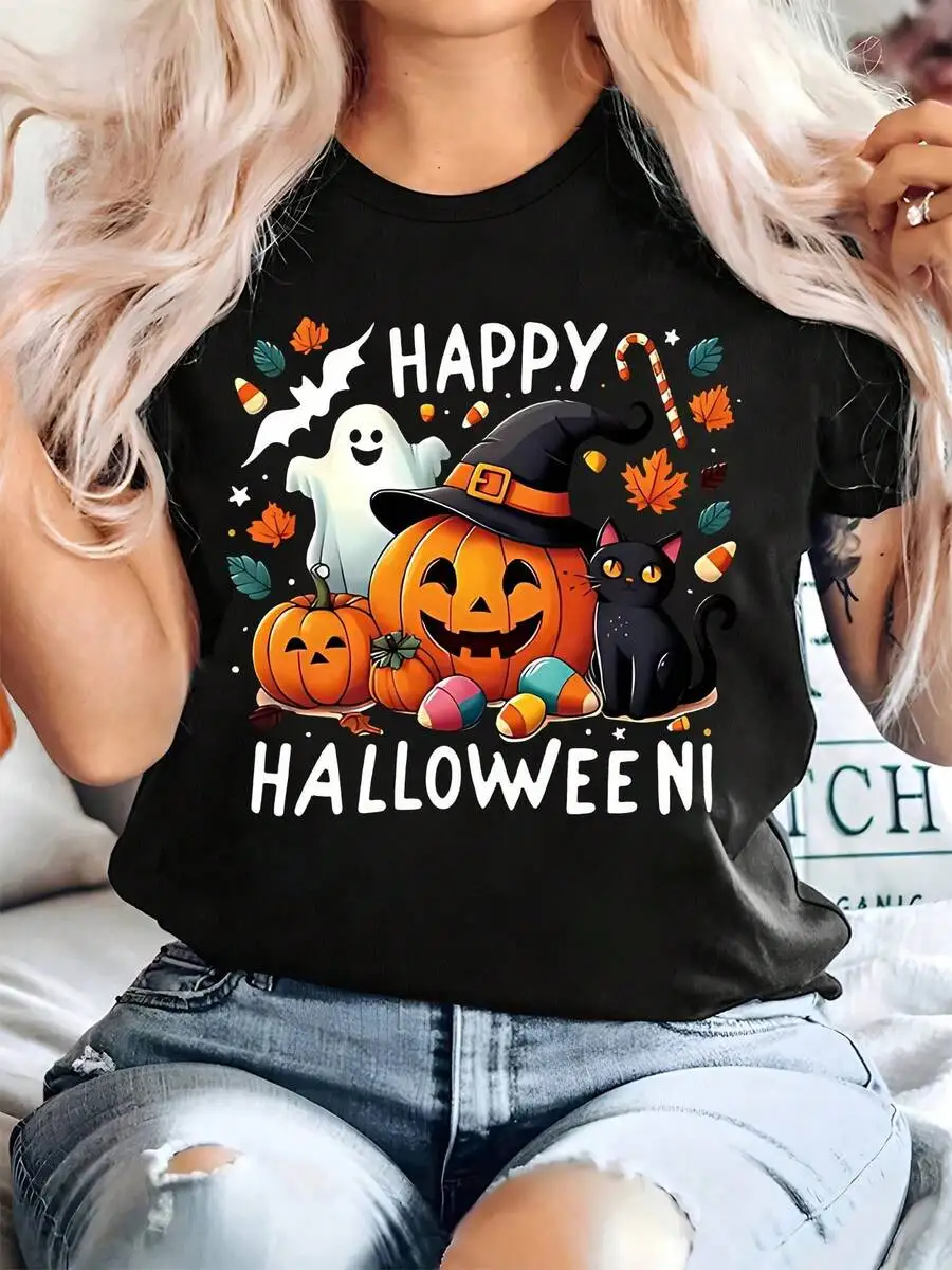 2026 Fashion New Women's Loose Short Sleeve T-Shirt, Happy Halloween Witch Pumpkin & Bat Print Crew Neck Casual Top, Halloween Daily Outfit Basic Tee