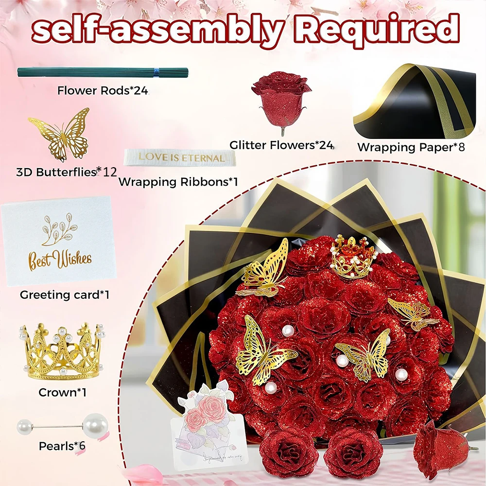 12/24-teiliges rotes Glitzer-Rosen-Blumenstrauß-DIY-Geschenkset, ewige glänzende künstliche Rose für Valentinstag, Jahrestag, Verlobung, Hochzeit – Detail 2