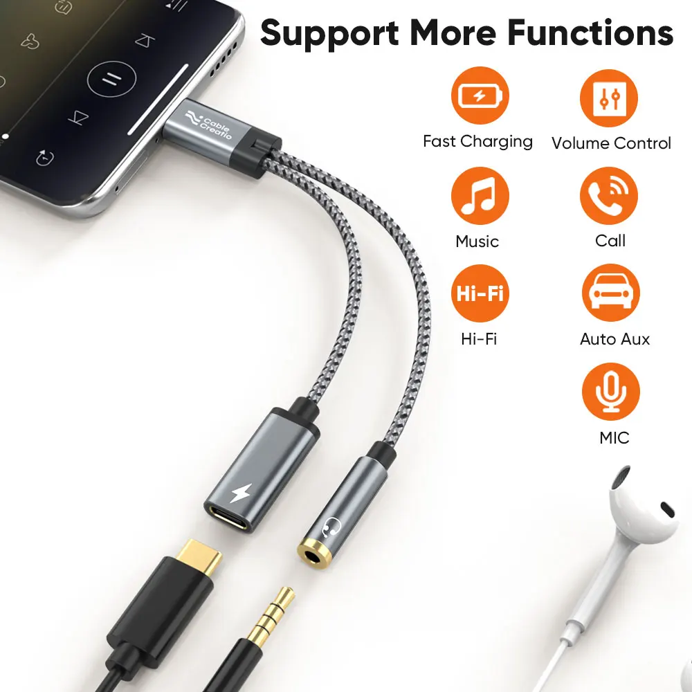 Адаптер CableCreation USB Type C на разъем 3,5 мм для аудиоразъема и адаптер зарядного устройства типа C с кабелем для быстрой зарядки PD 100 Вт для iPhone 16