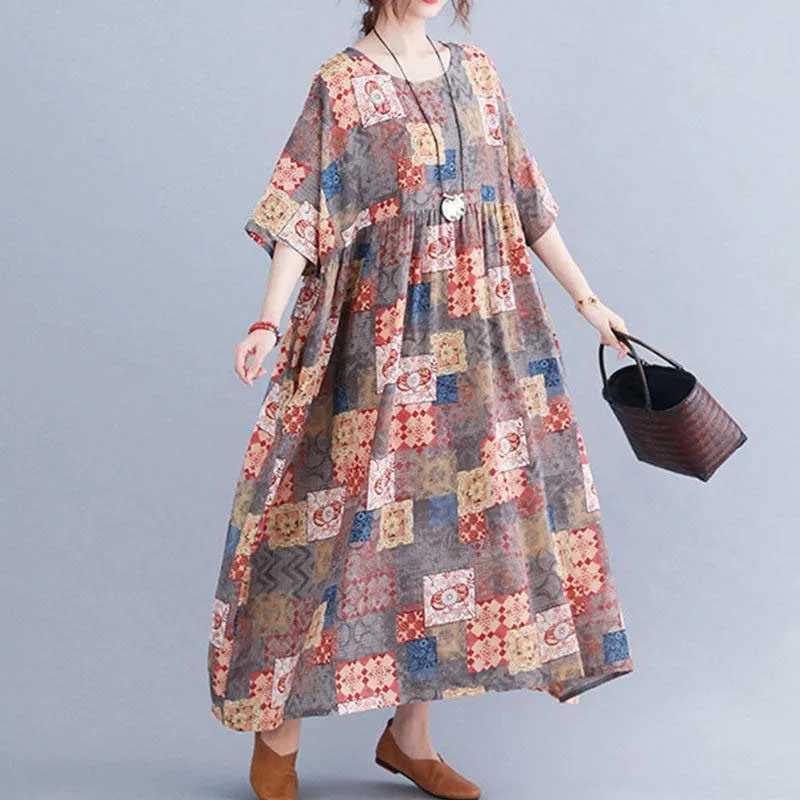 

Plus size women's dress, geometric pattern printed short sleeved round neck dress, bohemian style long dress with pockets