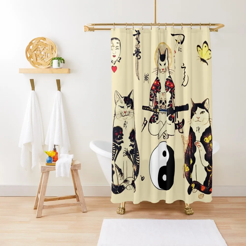 

THREE SAMURAI CATS IN SKULL,SKELETON,BUTTERFLY TATTOOS AND YIN YANG SYMBOL Shower Curtain Shower For Bathrooms Curtain