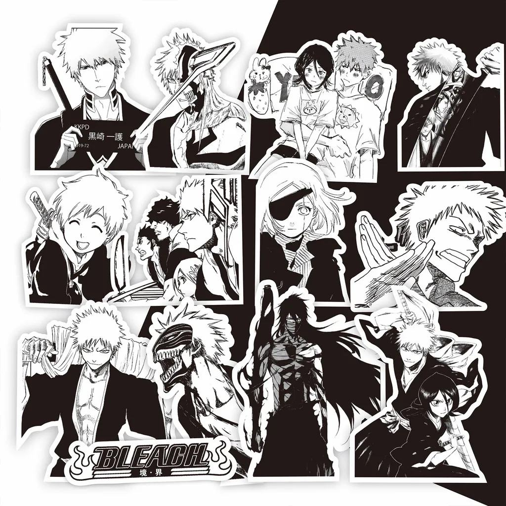 حزمة ملصقات مبيضة مكونة من 75 قطعة - شارات Ichigo و Orihime وRukia باللون الأسود والأبيض للمجلات وأجهزة الكمبيوتر المحمولة (متجر Anime Worlds)