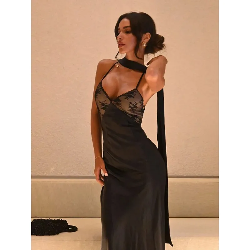 

Lace Patchwork Backless Camisole Women Dresses Sleeveless V Neck Outfits Sexy Club Fashion Solid Female Vestidos Robes
