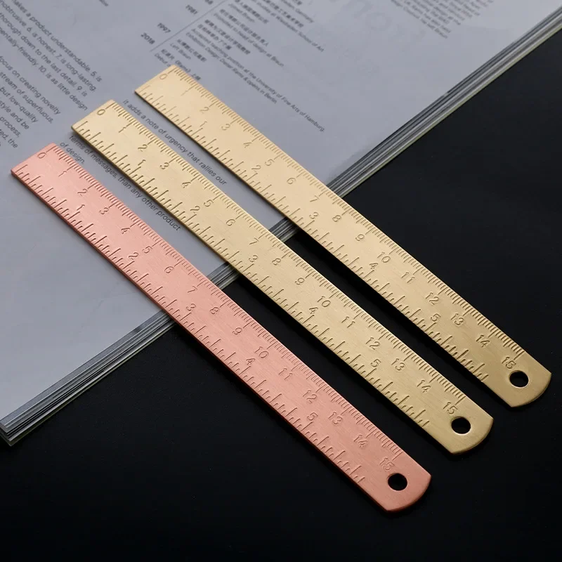 Regla recta de oro rosa y oro, herramientas de medición de escala de latón de Metal de 15cm, Kit de dibujo de pintura DIY, marcador de cuaderno, regla de cobre