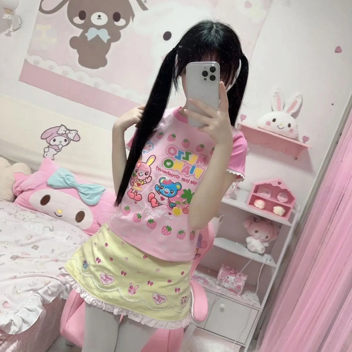 

Japanese Cute Core Cartoon Mp Daughter Clothes Set Strawberry Pink Short Sleeved T-shirt + Mini Skirt 2 Pcs Sets Women Y2k Suits