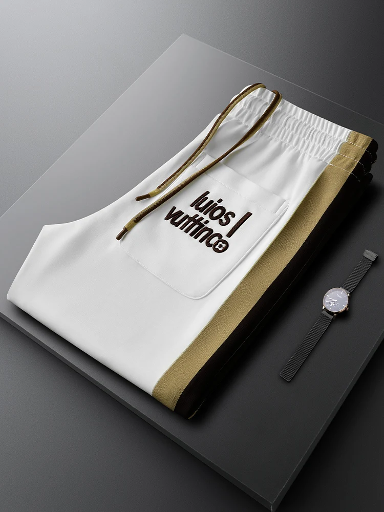 

Men's White Side Stripe Color Blo Sports Casual Pants Soft Embroidered Straight Leg Dstring Sweatpants