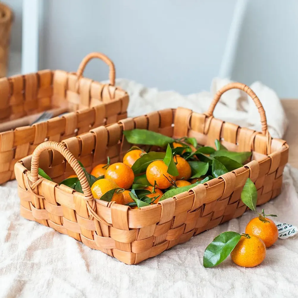 

2pcs Serving Plate For Snacks Wooden Service Fruit Cake Dual-Handle Food Tray Bread Storage Food Service Tray