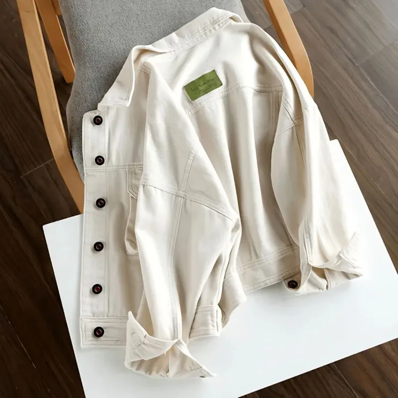 Chaqueta vaquera de color blanco leche para mujer, ropa de calle Cargo, abrigo informal con bolsillos, Tops con botones y cuello vuelto, moda de otoño