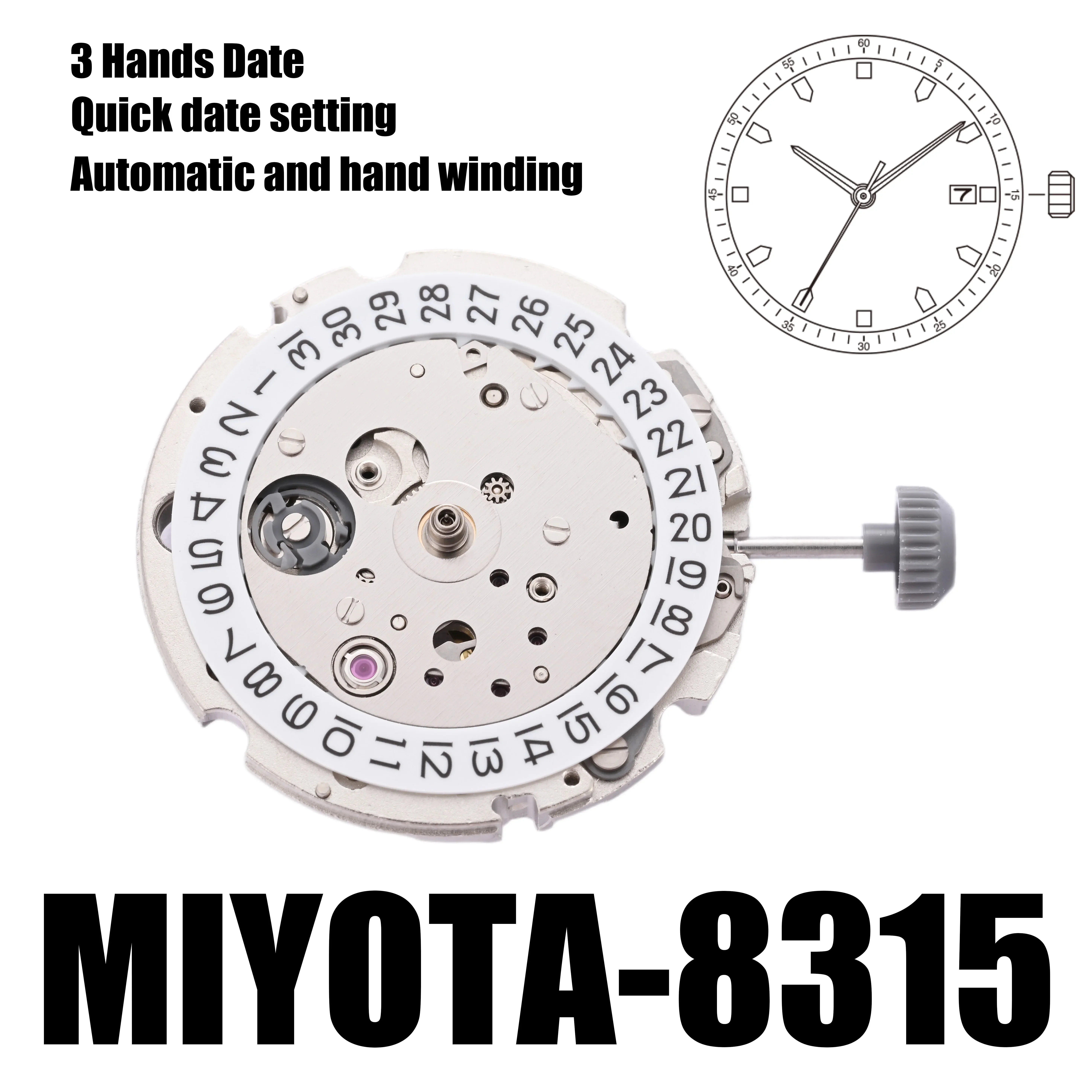 8315 Movement Miyota 8315 Movement Automatic Size: 11 1/2\'\'\'Automatic and hand winding Quick date setting Stop second device