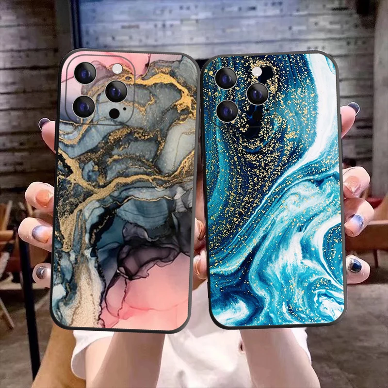 

Fashion Marble Pattern Phone Cover For iPhone 11 12 13 14 15 16 Pro Max 16 15 14 Plus 13Mini Couple Black Soft Silicone Case