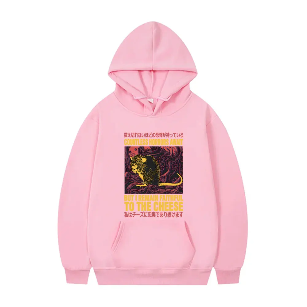 Countless Horrors Await But I Remain Faithful To The Cheese Hoodie Funny Japanese Rat Print Tracksuit Men Casual Vintage Hoodies