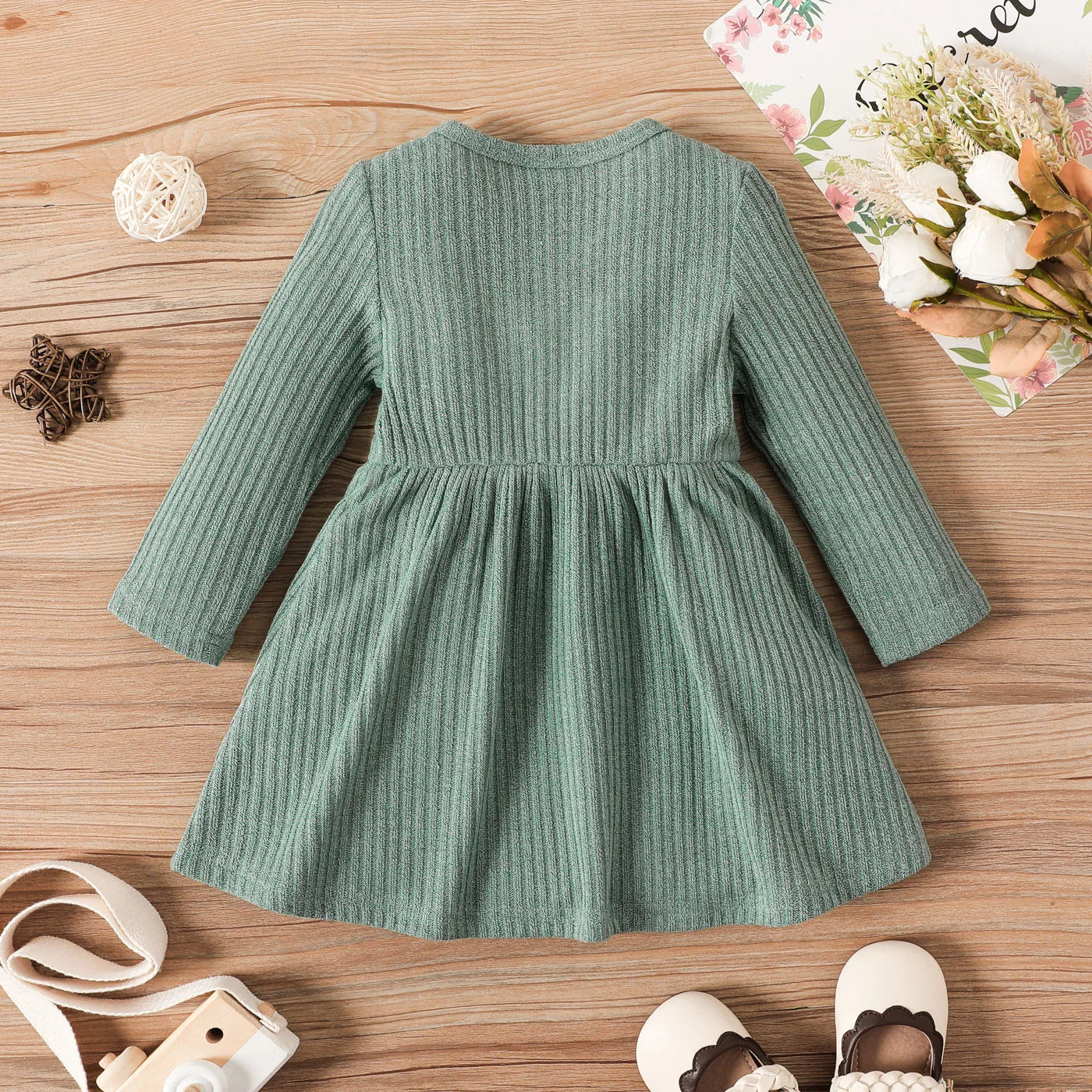 PatPat Baby Girl Button Front Solid Rib Knit Long-sleeve Dress