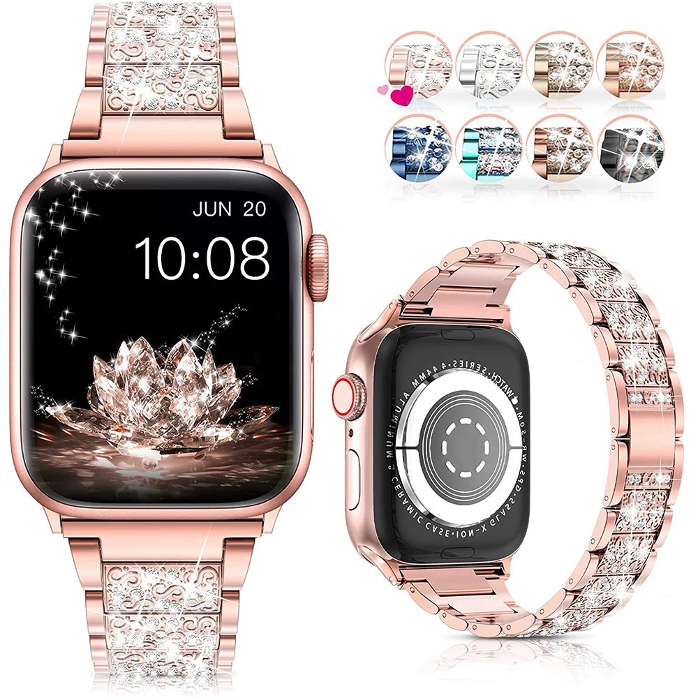 Link Bracelet for Apple Watch Band 7 8 9 41mm 45mm 40mm 44mm Diamond Shining Women Strap IWatch Ultra 2 49mm Series SE 6 5 4