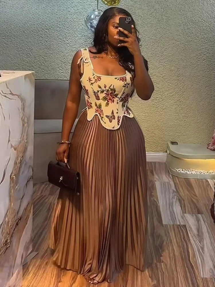 2026 Party Evening Street Two 2 Piece Set Outfit  Women's Set Floral Print Waist-cinching Vest +Pleated Long Skirts Suit
