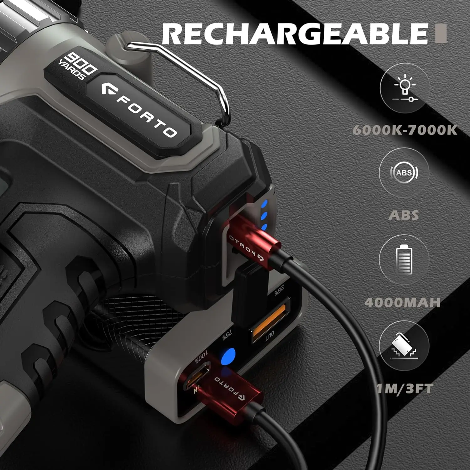 Kompakter wiederaufladbarer Strahler mit einstellbarem Fokus, Bereich 823 m, 3 Modi für Outdoor-Aktivitäten