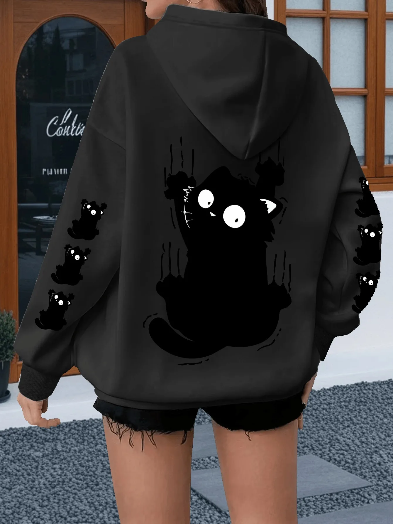Scared Little Black Cat Minimalist Black and White Printed Hoodie Sweatshirt Men's and Women's Hoodie Men's Tops Sports Hoodie