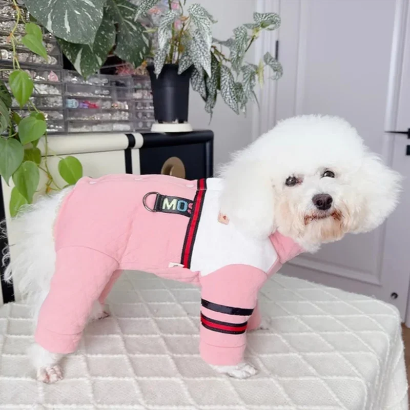 

Pink Thick Cotton Plush Pet Dog Clothes Fashion Classic Four Foots Wrap Belly Warm Jumpsuits Rompers For Small Medium Dog Teddy