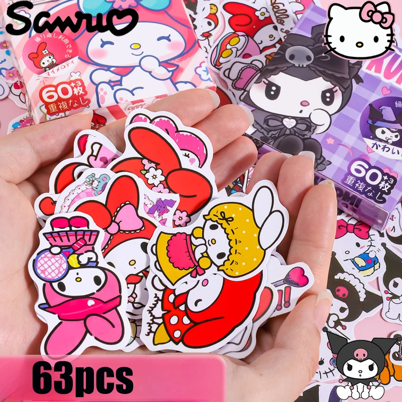 

New 63PCS Sanrio Helloes Kittys Delicate Sticker Gift Set Cartoon My Melody Kuromi DIY Hand Account Decoration Children Like It