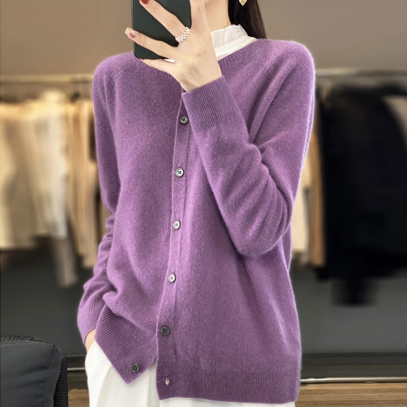 Autumn and winter new round neck cardigan women\'s sweater long sleeved knitted fashionable jacket women\'s 100% Australian wool