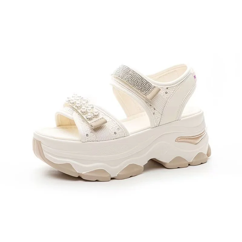 

7 см новые дышащие новые женские сандалии с воздушной сеткой, удобная обувь, модная летняя женская обувь на платформе с рыбьим носком, на танкетке, на высоком скрытом каблуке