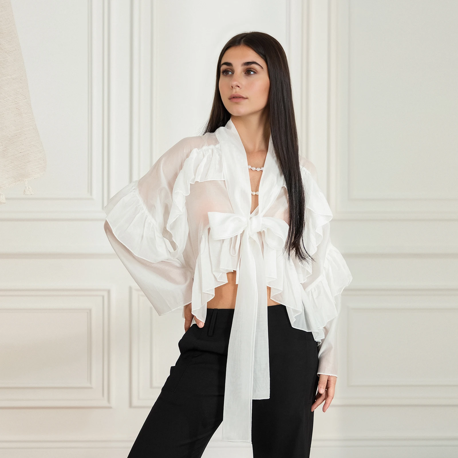 Camicie da donna primavera estate trasparenti con scollo a V e volant Camicie larghe alla moda a maniche lunghe tinta unita Camicette trasparenti