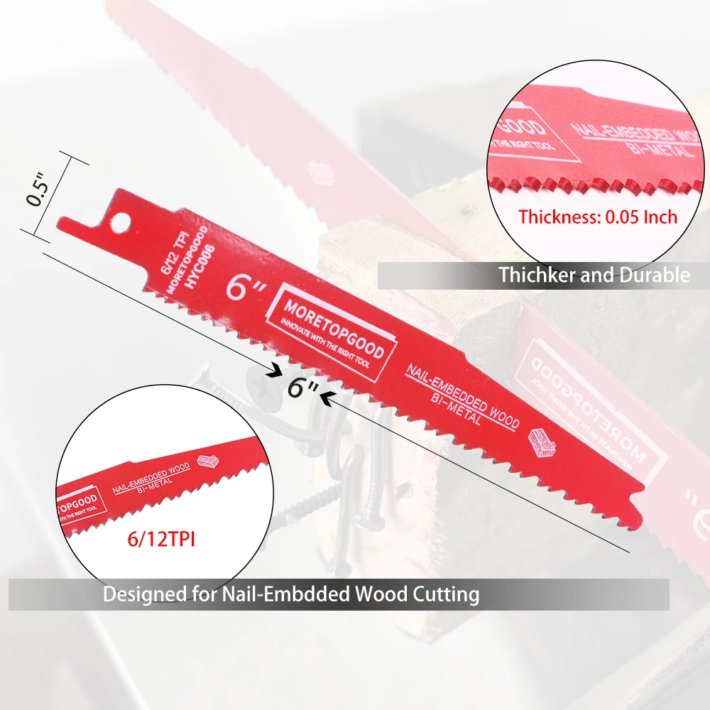 MORETOPGOOD 6/12 TPI Reciprocating Saw Blade for Nail-Embedded Wood Cutting, Bi-Metal Saw Blades for Pallet Cutting, Pruning
