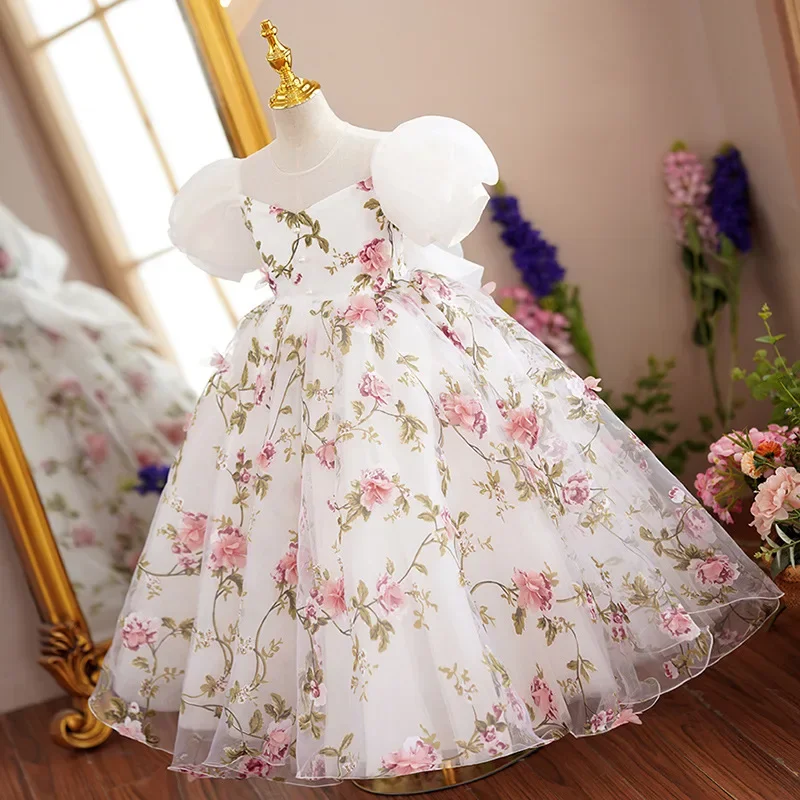 Girl piano performance pompadour flower child wedding dress Children Princess dress Flower Fairy host dress