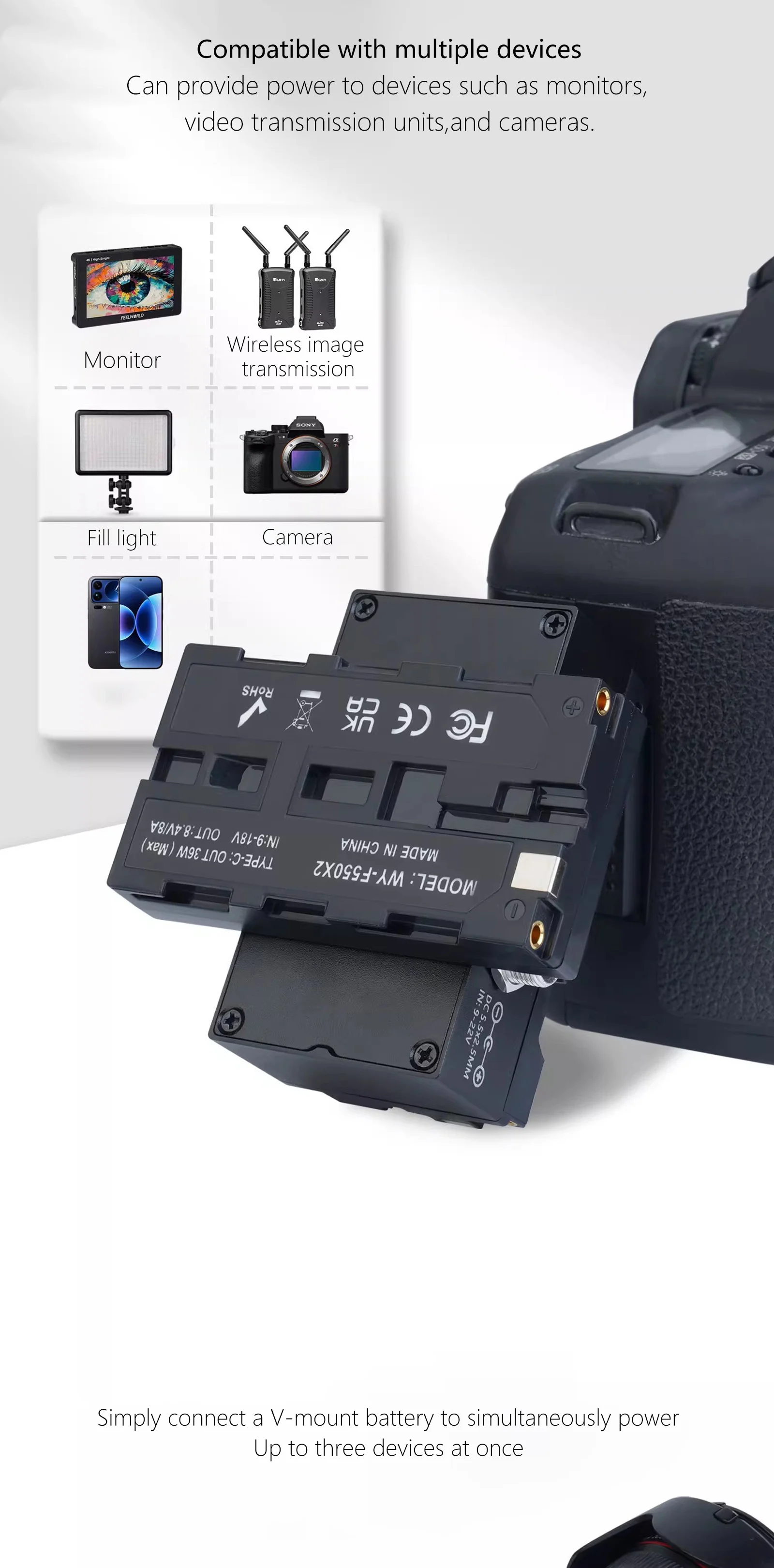 Doppelseitiger NP-F Dummy-Akku-Adapter NP-F550/F750/F970 für Kamera-Monitor Drahtloser Sender D-Tap zu DC 5,5*2,5mm Kabel – Detail 5