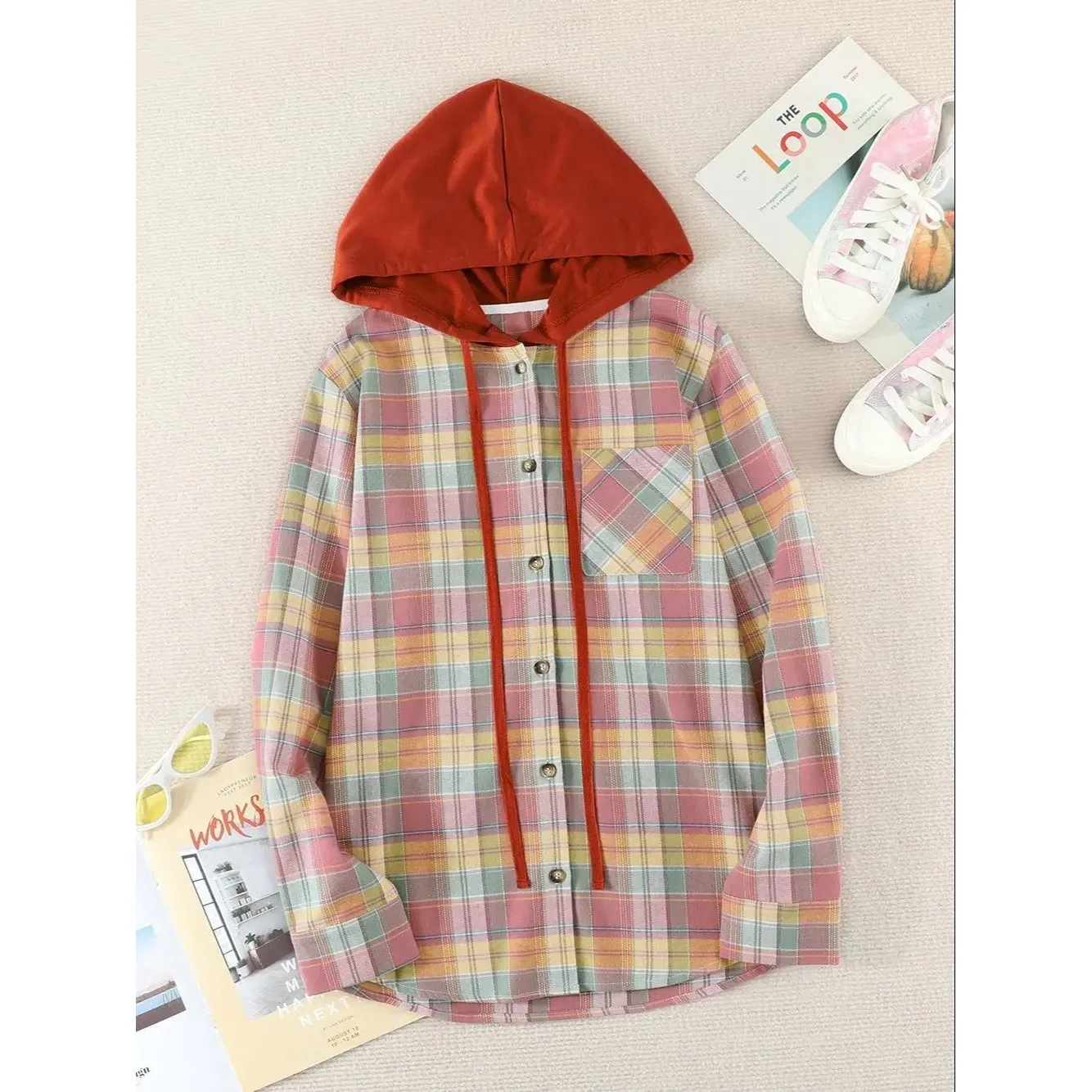 Felpa da donna con colletto scozzese autunnale con cappuccio e top in maglia di lino alla moda Dstring per abbigliamento casual da donna