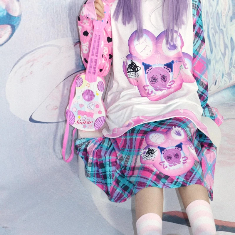 Original Design Y2k Childlike Fun Cute College Women's Skirt Japanese Graffiti Printing Loose Plaid Elastic Waist Skirts Ladies