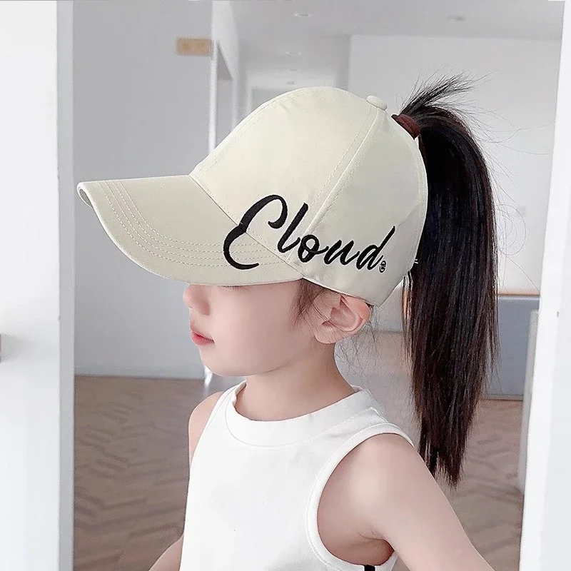 Summer Kids Ponytail Baseball Cap Embroidery Letter Children Empty Top Duckbill Hat Solid Color Baby Outdoor Sunscreen Visors