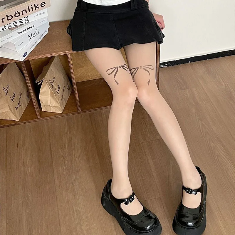 Bow Tattoo Lolita Tights Women Print Skin Color Socks Woman JK Internet Celebrity Medias Autumn Cute Stockings Women Lingerie.