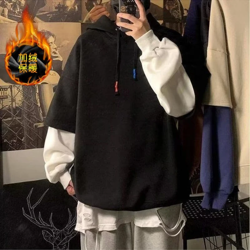 Winter Round Neck Long Sleeve Fashion Sweatshirts Man High Street Casual Loose Pullovers Fake Two Pieces Thick Drawstring Hoodie